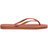 square-toe flip flop in orange color with pink havaianas logo on the strap, side facing