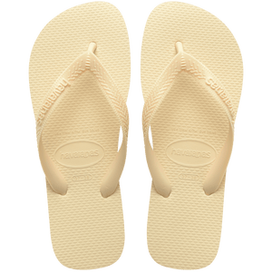 light yellow flip flops, top view