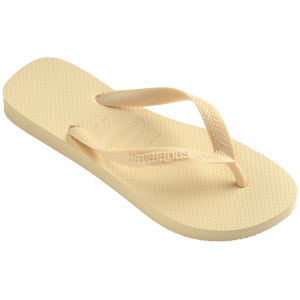 light yellow flip flops, front right view