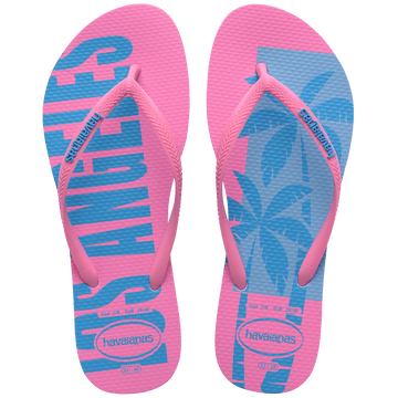 Women's bright pink and blue flip flop with Los Angeles printed on left footbed and palm trees on the right footbed, top view