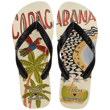 women's FARM Rio x Havaianas flip flop with Copacabana text, parrot, palm trees and beach scene top view 