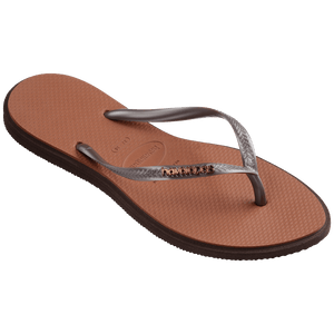 brown sandals with a dark brown outline around the footbed and metallic brown straps with a metal brown havaianas logo, front right view
