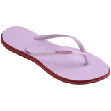 Women's light purple pointed toe flip flops with red contrast sole, right 3/4 view