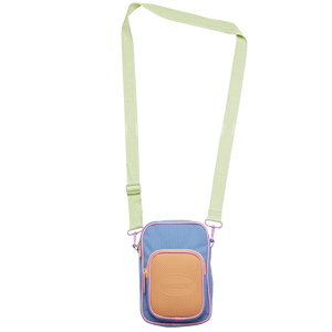 lilac crossbody bag with pink trim, orange front pocket, and light green strap, front view
