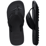 black flip flops with toe grooves and black fabric straps with a grooved sole, one top view one side view