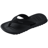 black flip flops with toe grooves and black fabric straps with a grooved sole, front left view
