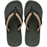 sage/olive green sandals with toe grooves and black and tan straps, top view