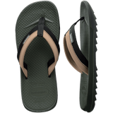 sage/olive green sandals with toe grooves and black and tan straps, one shoe top view one shoe side view