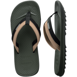 sage/olive green sandals with toe grooves and black and tan straps, one shoe top view one shoe side view