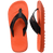 orange flip flops with toe grooves, and black fabric straps and orange havaianas logo on the straps, one top view, one side view