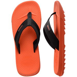 orange flip flops with toe grooves, and black fabric straps and orange havaianas logo on the straps, one top view, one side view
