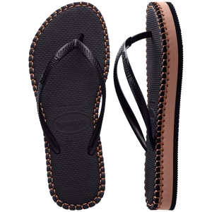 black flip flops with brown stitching, a brown midlayer between the sole and bottom of flip flop, and black straps, one sandal top view, one sandal side view