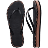 black flip flops with brown stitching, a brown midlayer between the sole and bottom of flip flop, and black straps, one sandal top view, one sandal side view