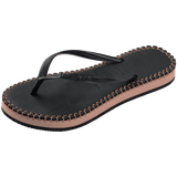 black flip flops with brown stitching, a brown midlayer between the sole and bottom of flip flop, and black straps, front left view