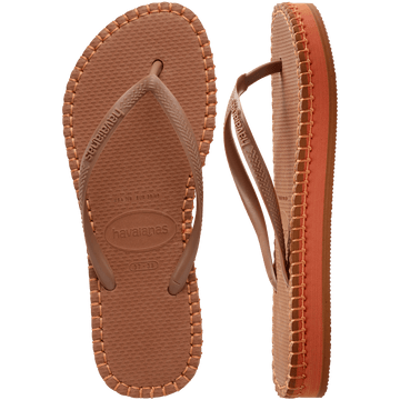 brown flip flops with orange stitching around the sole, and orange midlayer between the sole and bottom of shoe, one sandal top view and one sandal side view