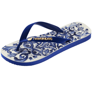Women's Dolce&Gabbana blue and white paisley pattern flip flops 3/4 side view