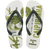 flip flops with a drink with green lime and ice in it on a white background with olive green straps, top facing