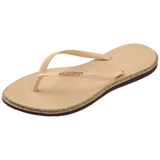 Single, left, beige Havaianas flip flop with glitter accent and gold logo on the strap on a transparent background