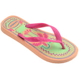 Single, right Havaianas flip flop with pink straps and colorful palm tree design on a white background