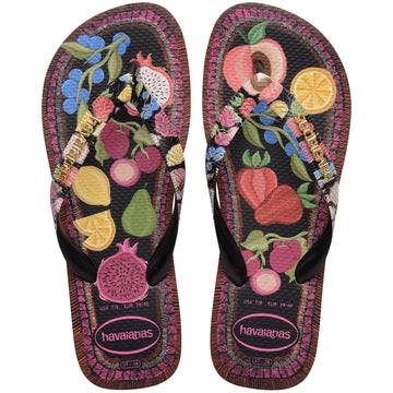 Pair of Havaianas flip flops with fruit design on a white background