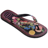 Single, right Havaianas flip flop with fruit design on a white background