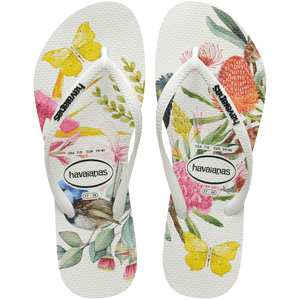 white Havaianas flip-flops with floral, butterfly and nature design on a transparent background