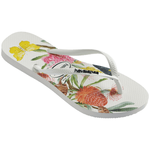 single, right side, white Havaianas flip-flop with floral, butterfly and nature design on a transparent background