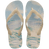 Gigi Hadid x Havaianas blue, green, and beige flip flops with beach pattern on footbed with beige straps, top view