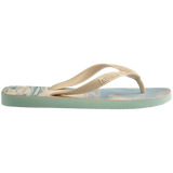 Gigi Hadid x Havaianas blue, green, and beige flip flops with beach pattern on footbed with beige straps, side view