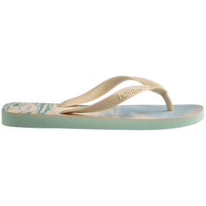 Gigi Hadid x Havaianas blue, green, and beige flip flops with beach pattern on footbed with beige straps, side view
