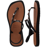 Top and side view of sandal with brown back straps, silver studs, and light brown sole