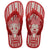 Kids' red Havaianas flip-flops featuring Disney characters Daisy Duck and Minnie Mouse. The sandals have red straps and a red-and-white striped footbed, with Daisy Duck printed on the left sandal and Minnie Mouse printed on the right sandal. The Havaianas logo appears near the heel.