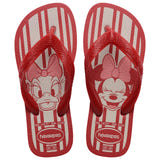 Kids' red Havaianas flip-flops featuring Disney characters Daisy Duck and Minnie Mouse. The sandals have red straps and a red-and-white striped footbed, with Daisy Duck printed on the left sandal and Minnie Mouse printed on the right sandal. The Havaianas logo appears near the heel.