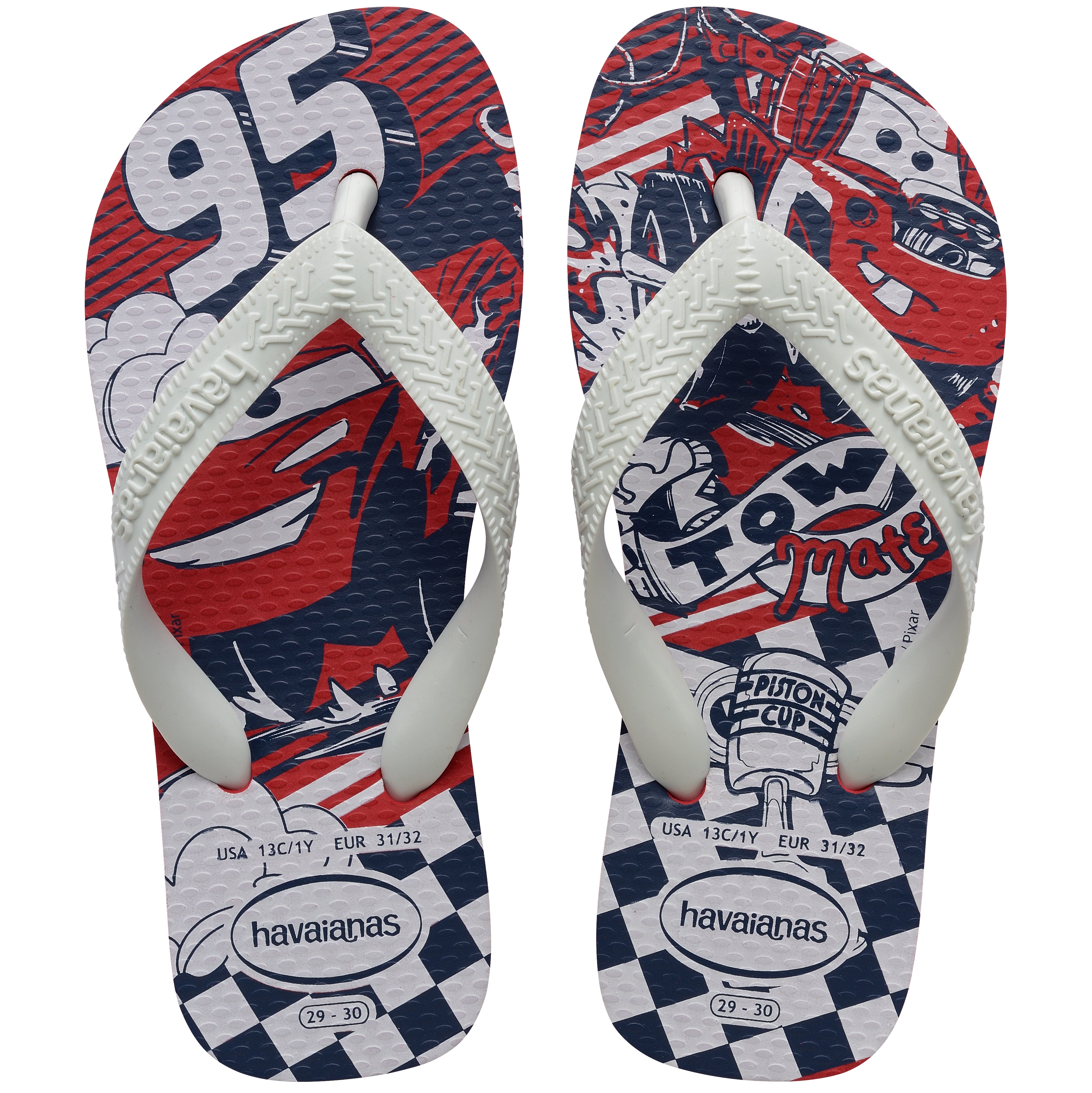 Pair of kid's havaianas flip flops with a red and blue design on a white background