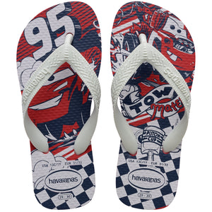 Pair of kid's havaianas flip flops with a red and blue design on a white background