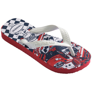 Single, right kid's havaianas flip flop with a red and blue design on a white background