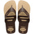 Pair of brown, two tone Havaianas flip flops on a white background