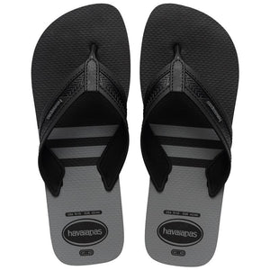 Pair of black, two tone Havaianas flip flops on a white background, side by side