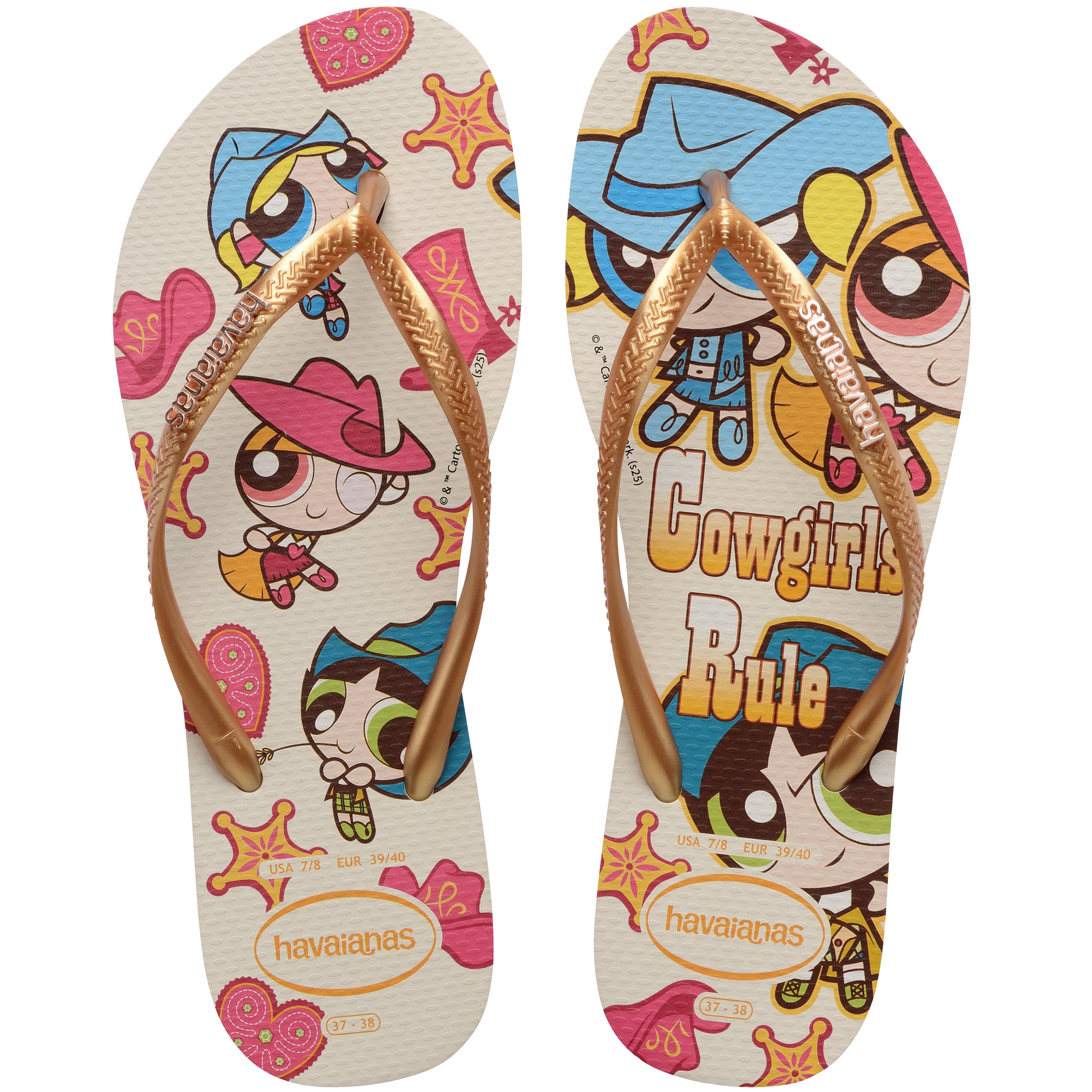 Pair of warner themed havaianas flip flops with 'Cowgirls Rule' text on a white background