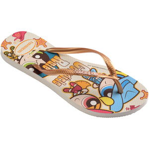 Single, right warner themed havaianas flip flop with cartoons on a white background