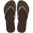Pair of brown Havaianas flip flops with gold gems on the straps, on a white background