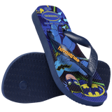 Kids' Warner Batman printed flip flops with navy blue straps three quarter side view