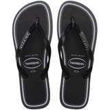 Pair of Havaianas Top Metropole flip-flops featuring black textured straps with metallic silver Havaianas logo detailing. The sandals have a black textured footbed, a black sole, and double white outline stripes framing the footbed for a sleek, contemporary style.