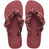 Amaranth flip flops with fabric scrunched straps, top view
