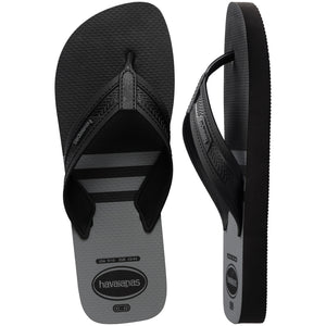 Pair of black, two tone Havaianas flip flops on a white background, with left shoe in focus