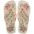 Flip-flops featuring a cream-colored footbed with a colorful floral pattern, peach-pink straps, and 'FARM RIO havaianas' branding printed on the sole, top view.
